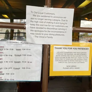 Latest information on hours and no longer have lasagna and gluten free pasta