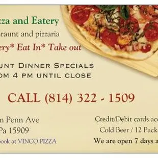 Daily Dinner specials from 4 pm to close, Free Pizza delivery 8143221509