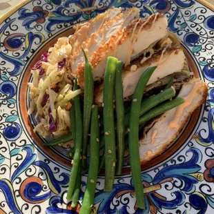 Chicken katsu, vegan choi mein, green beans and slaw