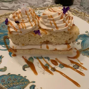 Salted caramel layered cake with vanilla ice cream. Decadent, beautiful. Couldn't finish it because of the pork chop.