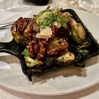 Crispy Kurobuta Pork Belly with  Cast Iron Roasted Brussels Sprouts