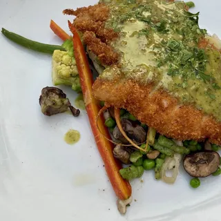 Crispy Jidori Chicken Schnitzel with Maitake Mushrooms