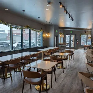 tables and chairs in a restaurant