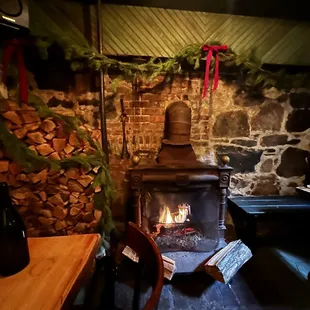 a fireplace in the kitchen