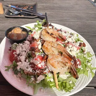 Strawberry and watermelon salad with grilled shrimp