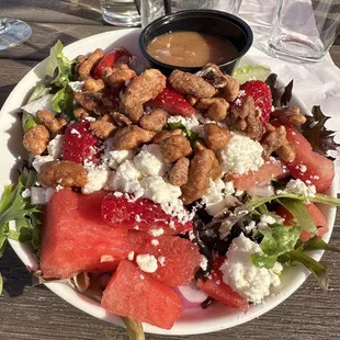 Watermelon and strawberry salad with a berry vinegarette.