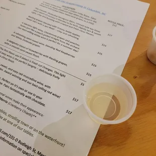 a menu and a cup of wine