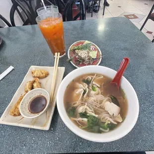 Chicken pho, gyoza, thai tea