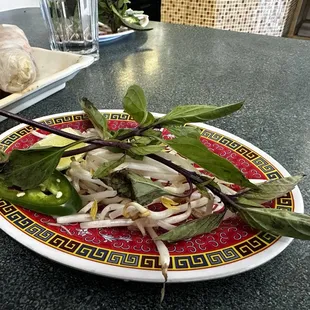 Pitiful amount of bean sprouts and 2 small branches of not-so-fresh basil.