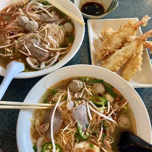 Combination pho, wonton egg noodle soup, and shrimp tempura