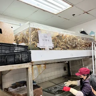 two workers working in a kitchen