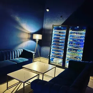The back lounge area with couches and awesome lighting.