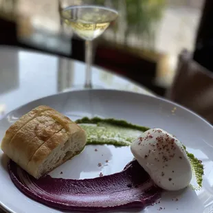 Burrata with purple (beet) and green (basil) pesto