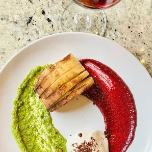 Burrata with pesto &amp; beet purée... amazing! Must try!