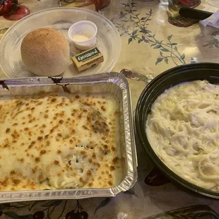 Chix Parm with Alfredo sauce. Angel hair pasta with Alfredo. Excellent!! All homemade, and the chicken was very flavorful!