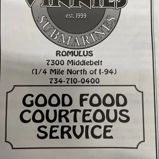 Take out menu