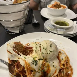 Spaghetti with meat sauce and meatballs and Italian bread, delicious!