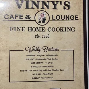 Main menu (not including specials)