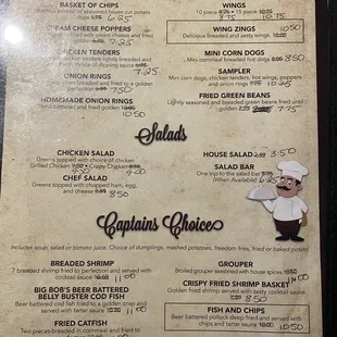 Appetizers, Salads, and Captain's Choice items.