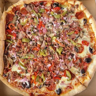 $22.95 | 16" Casa Mia - pepperoni, sausage, green peppers, mushrooms, ground beef, red onions, &amp; black olives. Added bacon for add. $3.50