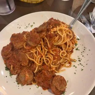 Spaghetti with meat sauce and sausage