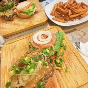 Mexicano burger and Diablo Burger with Sweet Potato Fries