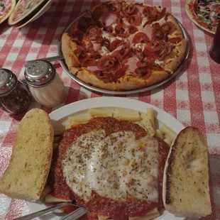 Baked ziti and small Carnivore pizza
