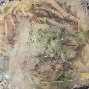 fettuccine Alfredo with chicken and added broccoli