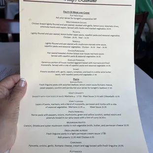 Dinner menu