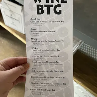 Wine by the glass menu