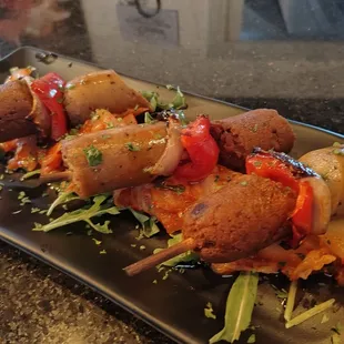 When in Berkeley [$15] *VG
Vegan Sausage skewers (x3), spicy kimchi &amp; sriracha