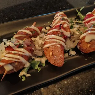 Not so German Sausage &amp; Kraut [15]
Chicken Sausage skewers (x3), sauerkraut, mustard vinaigrette.