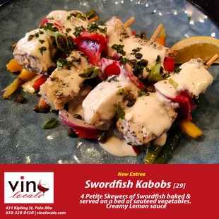 Swordfish Kabobs! New dinner entrée @vinolocale. Part of our fresh, healthy, fusion dinner entree list.