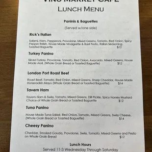 the menu for lunch