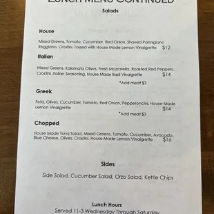 a menu for lunch