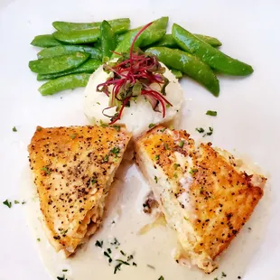 Stuffed salmon with crab, snap peas and mashed potatoes special I&apos;m hungry again looking at this!