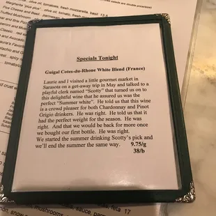 Specials Menu.