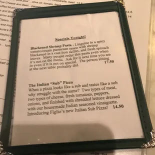 Specials Menu.