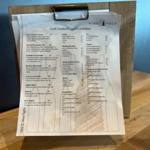 Cocktail and beer menu