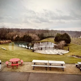 picnic tables and a pond