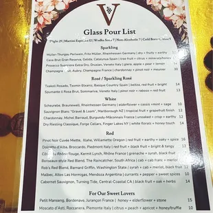Wine menu by the glass or bottle. They do flights as well.