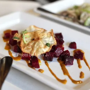 Roasted Beef &quot;Tartar&quot; ($12) - arbol chili, turmeric ginger emulsion, crispy celeriac