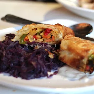 Vegetable Strudel ($25) - red cabbage borscht, roasted garlic soy cream