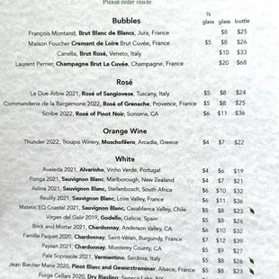 Wine Menu on 6/17/23