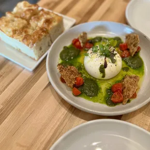 The most amazing focaccia and Burrata with Pesto, fresh tomatoes and gluten free crisps.
