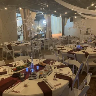 Full dinner service followed ceremony. Both held inside Vintage Ballroom!