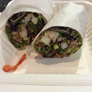 Baja wrap on whole wheat tortilla with added grilled shrimp.