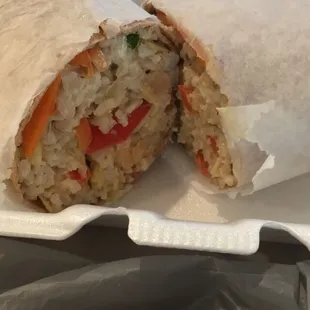 Chickpea wheat wrap with rice, carrot, almond and lemon tahini