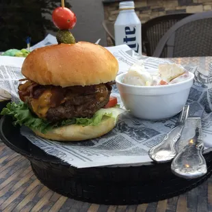 Yum patio burger with redskin potato salad