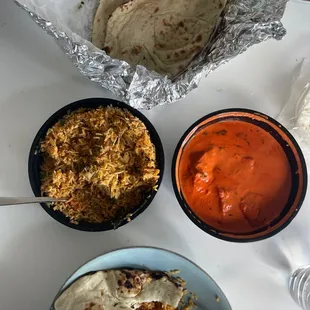 Butter chicken, naan, chicken biryani